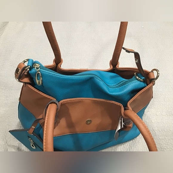 NWT Black Rivet 3-in-1 Handbag Shoulder Tote Zipper Carry-All Turquoise & Brown - Picture 11 of 11